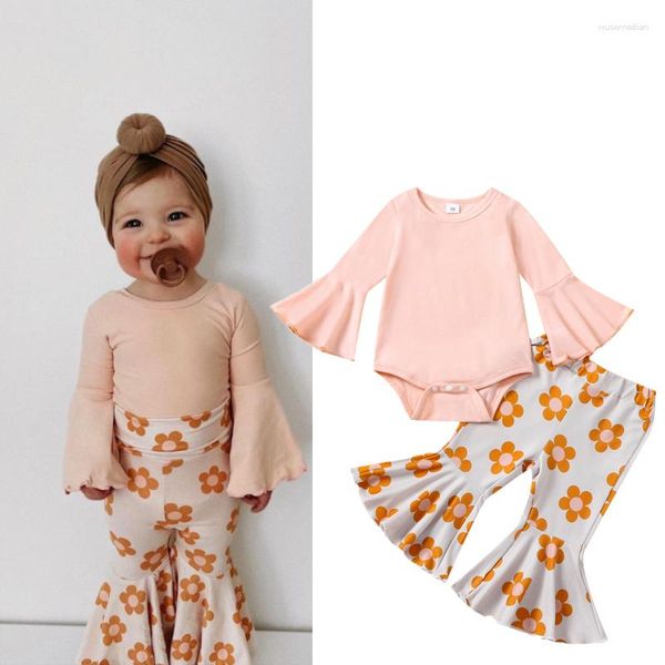 Ensembles de vêtements FOCUSNORM 0-24M belle bébé filles vêtements d'automne 2 pièces manches longues évasées solide barboteuse pantalon à fleurs