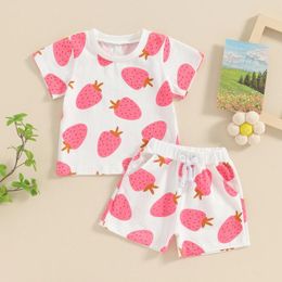 Ensembles de vêtements focusnorm 0-3 ans jolis vêtements pour bébés filles 2 pièces tenue imprimé fraise t-shirt à manches courtes et short élastique