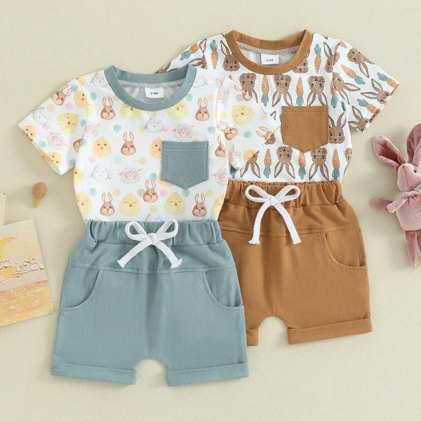 Ensembles de vêtements Focusnorm 0-3Y enfant en bas âge bébé garçons vêtements de Pâques tenues à manches courtes imprimé poussin hauts ensemble de shorts