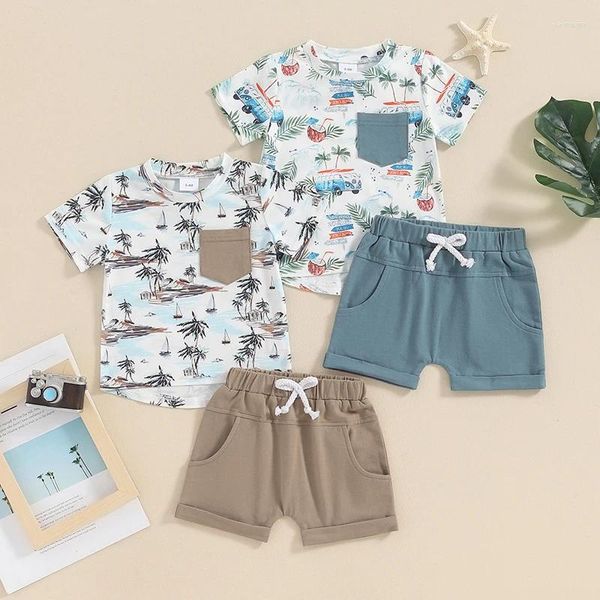 Ensembles de vêtements Focusnorm 0-3y Toddler Baby Boys Boys Clothes Summer Tree Tree Imprimé de poche à manches courtes