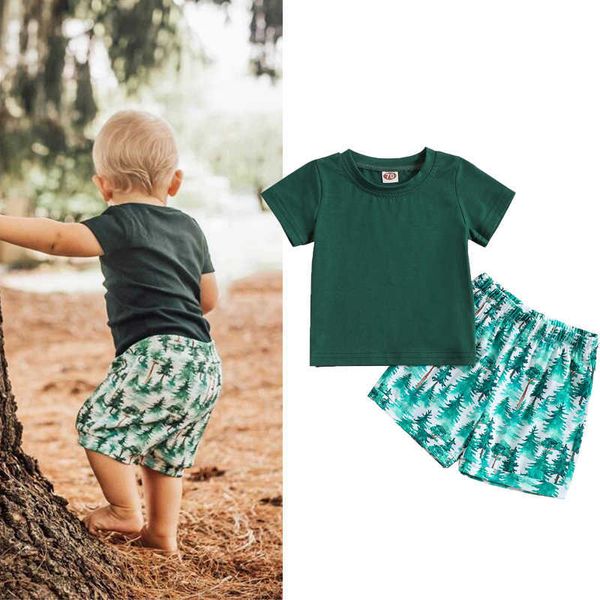 Conjuntos de ropa FOCUSNORM 0-3Y, conjuntos de ropa de verano para bebés y niños pequeños, jersey liso de manga corta con cuello redondo y pantalones cortos con estampado de árboles AA230504