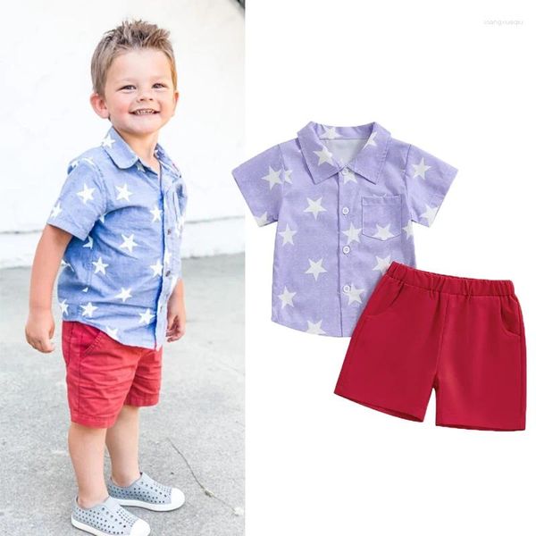 Ensembles de vêtements Focusnorm 0-4y gentleman bébé Bébé garçons Vêtements à manches courtes étoiles Bouton de chemise Short pour les jours d'indépendance