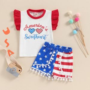 Kledingsets Focusnorm 0-4Y Onafhankelijkheid Dagen Little Girls Cleren Ruffles Sleeve Letter Print Tops Star Striped Tassel Shorts