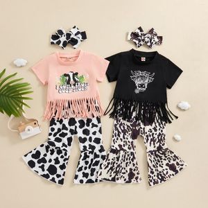 Ensembles de vêtements focusnorm 0-4y petite fille Summer Western Vêtements Western Ensemble Imprimé Couppe à manches courtes Tassel T-shirts Cow Flare Pant Bandband