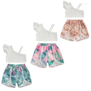 Conjuntos de ropa Focusnorm 0-4y Lovely Children Girls Set Ruffles One Shoulder Vest irregular con hojas Shorts estampados de verano