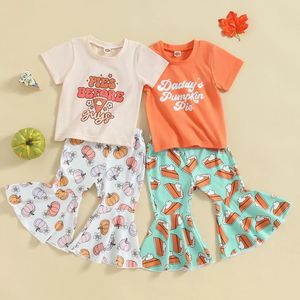 Ensembles de vêtements focusnorm 0-4y pour enfants pour enfants girls de grâces de Thanksgiving 2pcs lettre à tarte imprimé à manches courtes tops