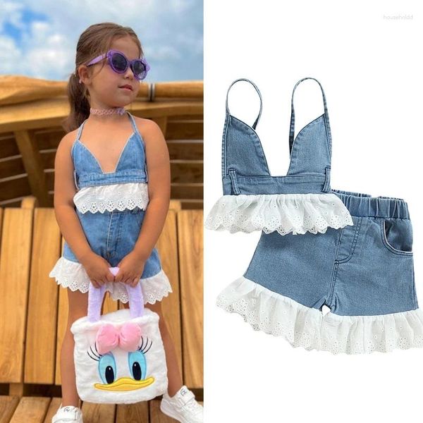 Ensembles de vêtements Focusnorm 0-5Y Mode Enfants Bébé Filles Vêtements d'été Dentelle Denim Patchwork Camisole dos nu et shorts décontractés élastiques Ensemble