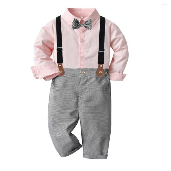 Conjuntos de ropa FOCUSNORM 0-7Y Gentleman Boys Ropa formal Manga larga Turn-Down Collar Camisas Pajarita Correa ajustable Pantalón a cuadros