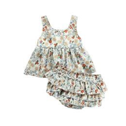 Ensembles de vêtements focusnorm 024m d'été beaux filles de bébé 2pcs fleurs de niveau imprimées