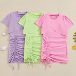 Ensembles de vêtements Focusnorm 1-5y Fashion Petites filles Vêtements d'été 2pcs T-shirt à manches courtes solides Robe sans manches