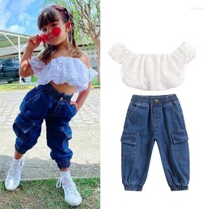 Ensembles de vêtements Focusnorm 1-5Y Mode d'été Bébé Filles Vêtements 2pcs Dentelle Floral Hors Épaule À Manches Courtes T-shirts Bleu Denim Pantalon