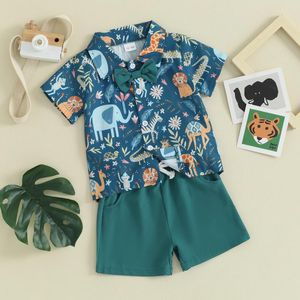 Ensembles de vêtements Focusnorm 1-5Y Enfant Enfants Garçons Gentleman Vêtements 2pcs Tenue Dessin Animé Animal Imprimé Manches Courtes Noeud Papillon Chemise Solide Shorts