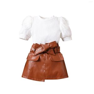 Kledingsets Focusnorm 1-6y Fashion Little Girls Summer Desse Bur Sleeve breien Tops PU Leather A-Line Rok met riem