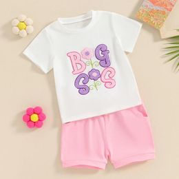 Ensembles de vêtements focusnorm 1-6y belles petites filles tenue de vêtements à manches courtes Letterfloral Fuzzy T-shirts avec shorts solides