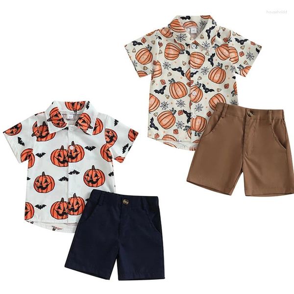 Conjuntos de ropa FOCUSNORM 1-6Y, ropa de Halloween para niños pequeños, 2 uds., camisa con estampado de calabaza de manga corta, pantalones cortos sólidos