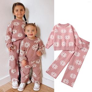 Kledingsets FOCUSNORM 1-6Y Winter Peuter Kinderen Meisjes Warme Kleding Zonnebloemen Gebreide Lange Mouw Trui Tops Wijde Pijpen Broek