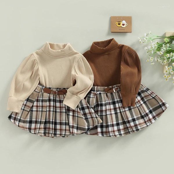 Ensembles de vêtements focusnorm 2 pièces mode automne enfants filles vêtements 1-6 ans col roulé à manches longues pull hauts jupes imprimées à carreaux