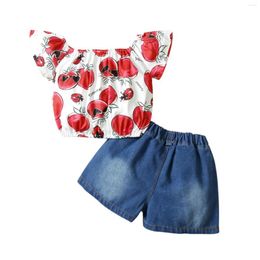 Ensembles de vêtements FOCUSNORM 2 pièces vêtements pour bébés filles hors épaule à manches courtes imprimés t-shirts Shorts en jean 0-24M