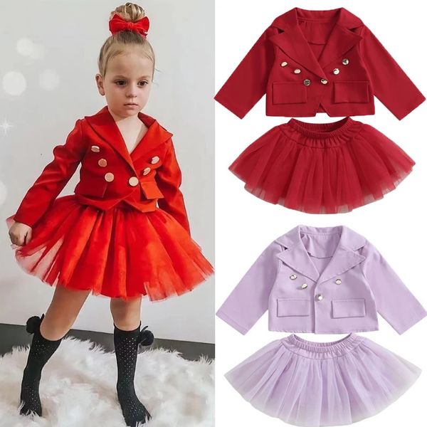 Ensembles de vêtements Focusnorm 2 pièces enfants filles mode vêtements costume ensemble 1 7Y couleur unie revers à manches longues simple boutonnage manteau dentelle Tulle jupe 231215