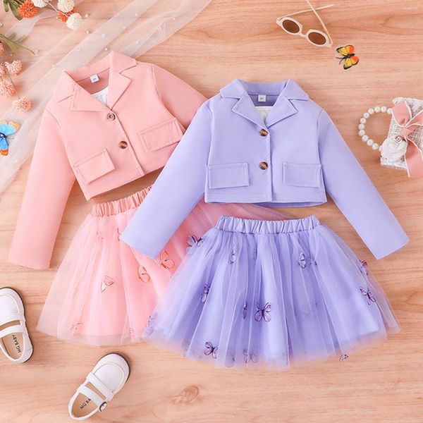 Ensembles de vêtements Focusnorm 3-7Y Mode Enfants Filles Vêtements 3pcs À Manches Longues Bouton Manteau Sans Manches Camisole Papillon Imprimé Jupe En Tulle