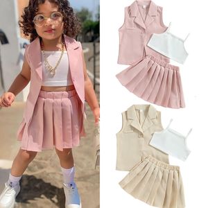 Kledingsets Focusnorm 3 7y Fashion Little Girl Summer Dessen 3 stks Solid Camisole Elastische geplooide rok Mouwloze jas set 230307