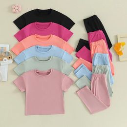 Conjuntos de ropa FOCUSNORM 3-8Y Verano Casual Niños Niñas Ropa 2PCS Manga corta Sólido Jersey Camiseta Pantalones