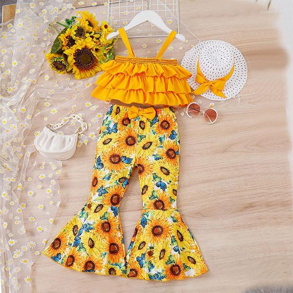 Conjuntos de ropa Focusnorm 3 unids Moda Kid Girls Ropa Set 4-7Y Sin mangas Camisola con volantes con estampado de girasol Pantalones acampanados Sombrero