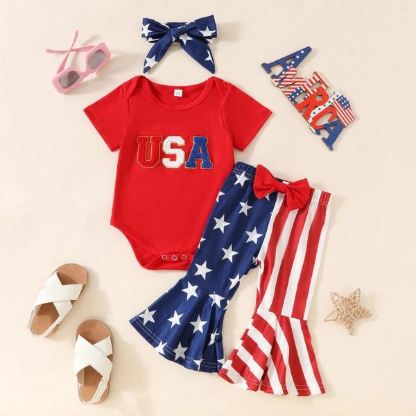 Ensembles de vêtements focusnorm 3pcs Independence Day Baby Girls Vêtements 0-18m Lettre de manche courte broderie Stars Romper Stripe Pantal