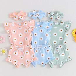 Kleding Sets Focusnorm 3 Stuks Baby Baby Meisjes Kleding 0-18M Ruches Mouw Zonnebloemen Print Romper Shorts Hoofdband