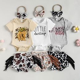 Kledingsets FOCUSNORM 3 stks Baby Baby Meisjes Zomerkleding Brief Print Korte Mouw Romper Koe Bloemen Kwastje Shorts Hoofdband Set