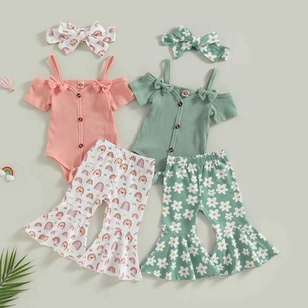 Ensembles de vêtements FOCUSNORM 3 pièces infantile bébé filles vêtements ensembles solide côtelé hors épaule fronde barboteuse fleur/arc-en-ciel imprimé Flare pantalon bandeau