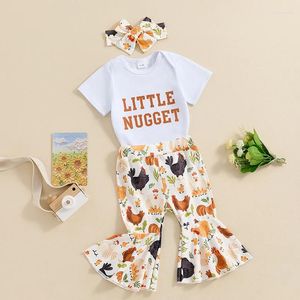 Kleding sets focusnorm 3 stcs mooie babymeisjes zomerkleding 0-18m letter afdrukken korte mouwen romper kip flare broek hoofdband