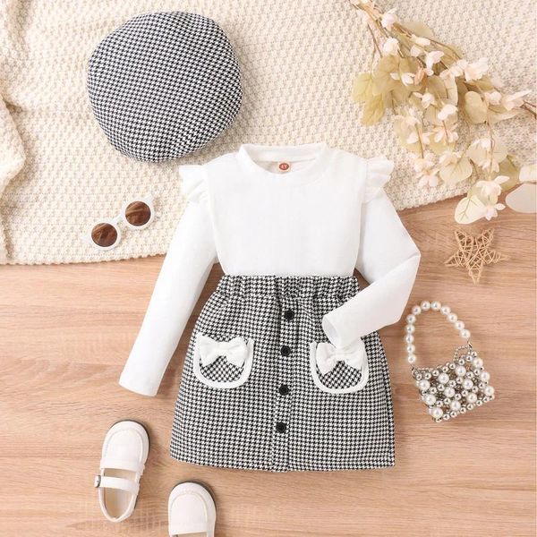 Ensembles de vêtements Focusnorm 4-7Y Mode Enfant Fille Automne 3pcs Vêtements Tenue Couleur Unie Côtelée À Manches Longues Hauts Poule A-ligne Jupe Béret