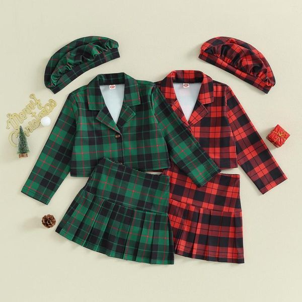 Conjuntos de ropa FOCUSNORM 4-7Y Moda Niños Niña Ropa de Navidad 3 unids Impresión a cuadros Botón de manga larga Abrigo Mini faldas plisadas Boina Sombreros