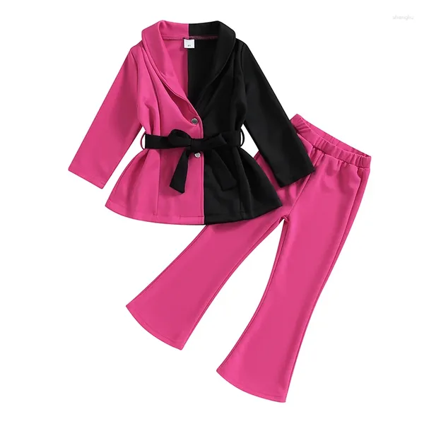 Ensembles de vêtements Focusnorm 4-7Y Mode Petites filles 2pcs Vêtements à manches longues Couleur contrastée Manteau ceinturé Pantalon évasé solide