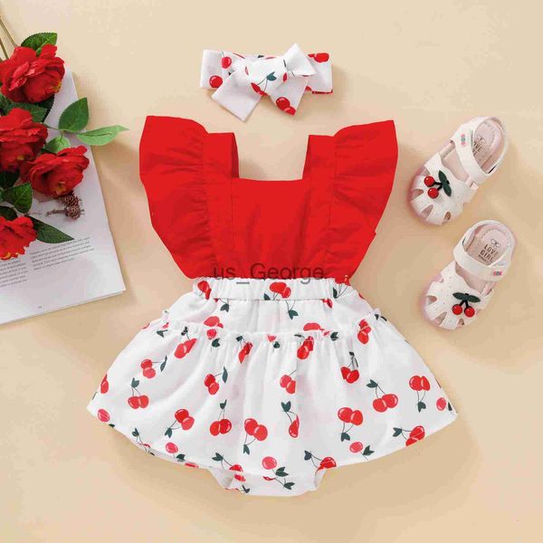 Ensembles de vêtements FOCUSNORM Infantile Bébés Filles D'été Mignon Barboteuse Bandeau 2pcs 018M Sweet Cherry Impression Fly Manches Combinaisons J230630