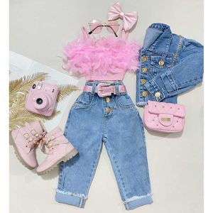 Kledingsets Focusnorm Little Girls Fashion Desets Sets 1-6y Ruches Fur Feather Mouwess Camisole Tops+High Taille Denim Pants 2pcs AA230504