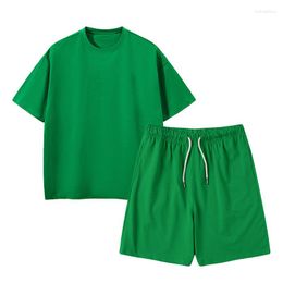 Kledingsets voor jongens 220g hoge kwaliteit katoenen shorts T-shirt twee stukken tiener kinderen trainingspak zomer los casual effen meisjesoutfits