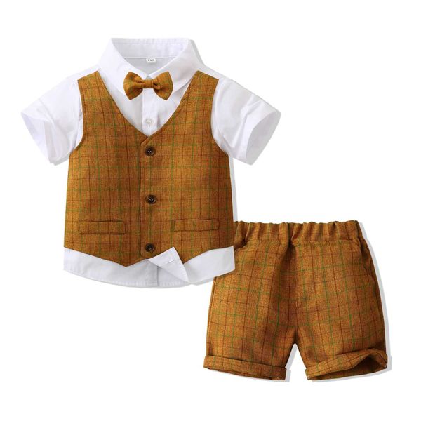 Conjuntos de ropa Formal 1 2 3 4 5 años Ropa de verano para niños Conjunto de algodón suave Falso 2PCS Top con pantalones cortos a cuadros Niño Traje de alta calidad Traje de niños W230210