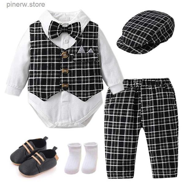 Conjuntos de ropa Ropa de caballero para recién nacidos Chaleco a cuadros Sombrero Pantalones Mono blanco 7 piezas Traje de boda Baby Boy Formal Performance Boutique Set