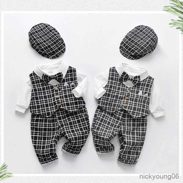 Conjuntos de ropa Ropa de caballero para recién nacidos Chaleco a cuadros Sombrero Pantalones Mono blanco Traje de boda Baby Boy Formal Performance Boutique Set R231028