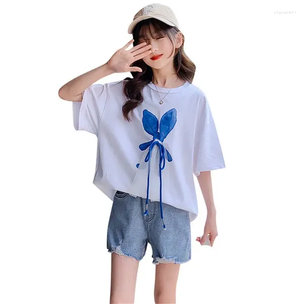 Conjuntos de ropa niña 2024 verano niños algodón arco camiseta pantalones cortos de mezclilla niños moda casual trajes de dos piezas Corea
