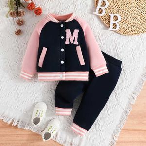 Kledingsets meisje 6 maanden - 3 jaar oud roze honkbal uniforme knopjack lange mouw jas en broek outfit peuter kinderkleding setl240513