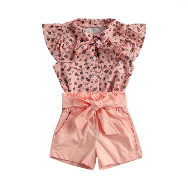 Conjuntos de ropa Ropa para niña Conjunto de 2 piezas Conjunto de verano para niños Tops con volantes estampados florales Pantalones cortos de cintura alta Traje para bebé