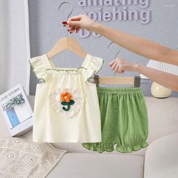 Ensembles de vêtements pour fille en coton de fille 2pc Set Summer Ruffles Sleeve Flying Square Fleur Applique Green Elastic Taise Knickerbockers