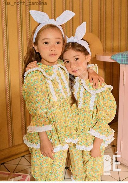 Conjuntos de ropa Conjuntos de pijamas florales amarillos de algodón para niña. Conjunto de pijamas vintage con cuello redondo para niños pequeños, ropa para dormir