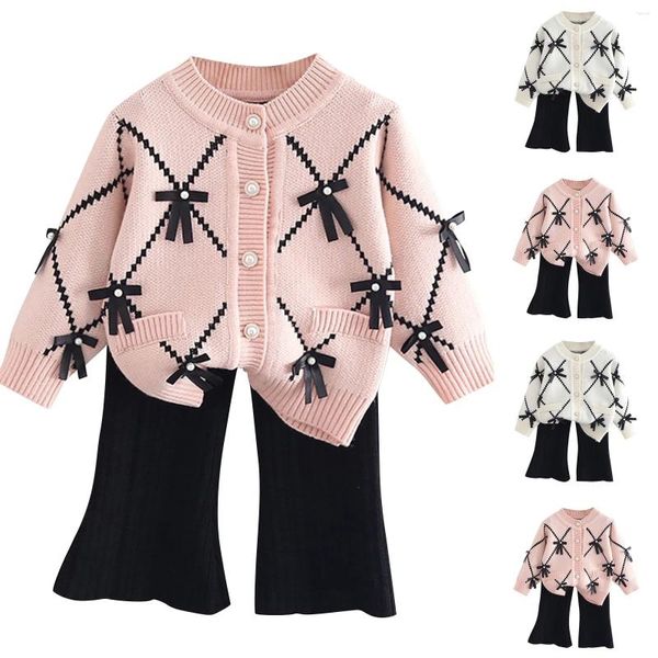 Ensembles de vêtements mignons de la fille mignon de pull parfumé set Bow Cardigan Top Tited Two-Piece for Children Girl Clothes Child