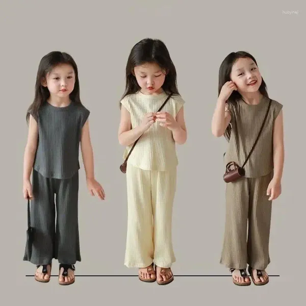 Conjuntos de ropa Traje de verano de niña Traje infantil Seda Seda sin mangas Camiseta corta Pantalones de pierna ancha 2 piezas 1-3- 5- 7- 8 9-10 años