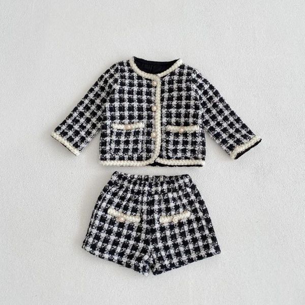 Ensembles de vêtements Girl Set 2024 Spring Baby Tweed Plaid Girl's Two Piece Suit Jacket Pantalon Sweet