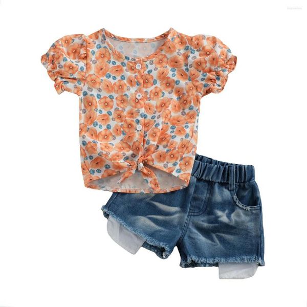 Ensembles de vêtements fille ensemble fleur imprimé à manches courtes col rond chemise et short en jean costume deux pièces pour fête d'anniversaire vacances 1-6Y